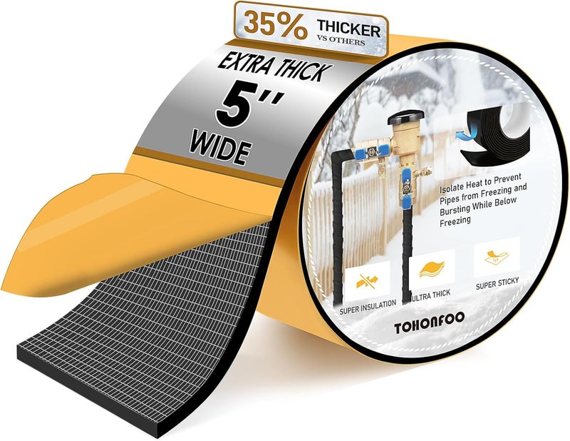 TOHONFOO Pipe Insulation Tape, Foam Insulation Tape for Outdoor Pipes Winter Freeze Protection, Foam Pipe Insulation Wrap, Heat Tape for Water Pipes, Copper Pipes, PVC, AC Line, 5in x 15ft, Black - Image 1